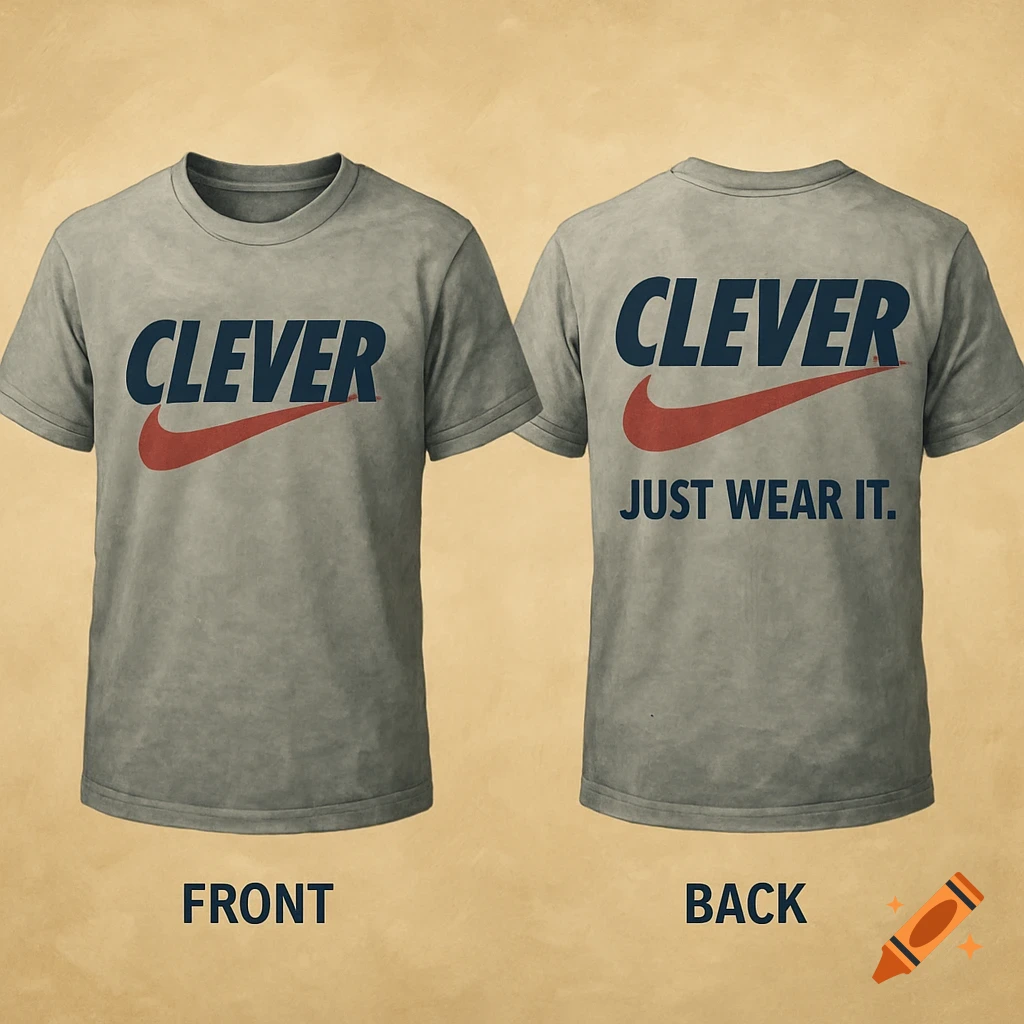 Front and back views of a grey t-shirt featuring the word 'CLEVER' and a red swoosh; the back also reads 'JUST WEAR IT.'