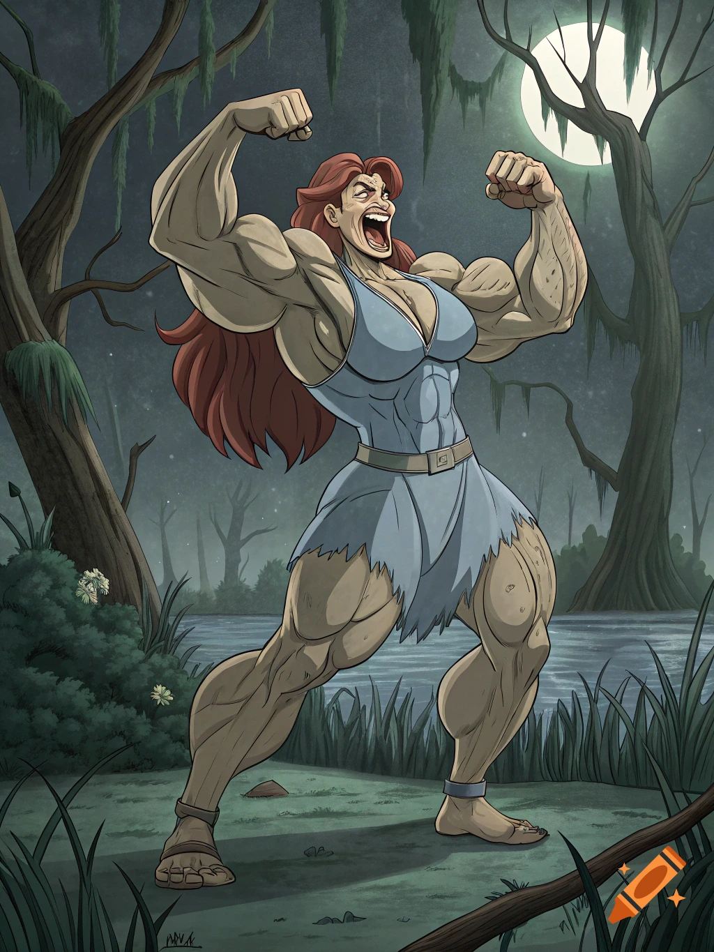 A strong, red-haired female bodybuilder flexes her biceps, laughing in a dark, swampy forest under a full moon in a comic book style.