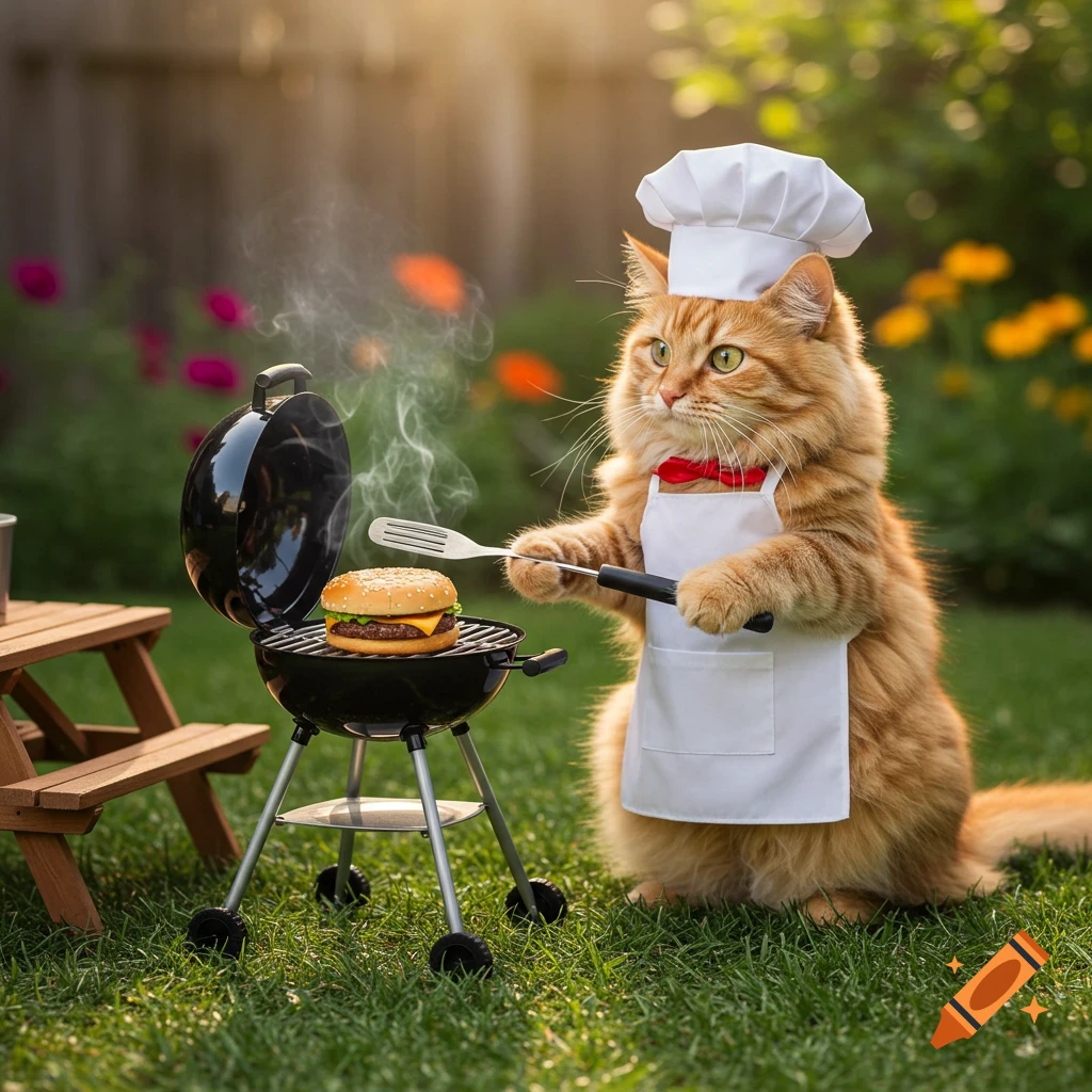 A fluffy orange cat wearing a chef's hat and apron cooks a burger on a small grill outdoors in a sunny backyard.