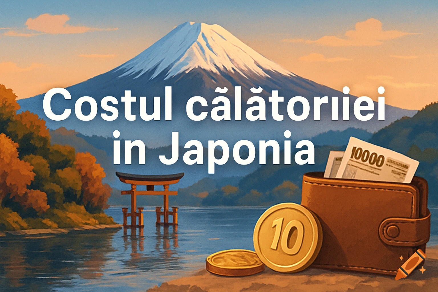 A stylized illustration featuring Mount Fuji and a torii gate over a lake, with a wallet and coins in the foreground. Text reads 'Costul călătoriei in Japonia'.