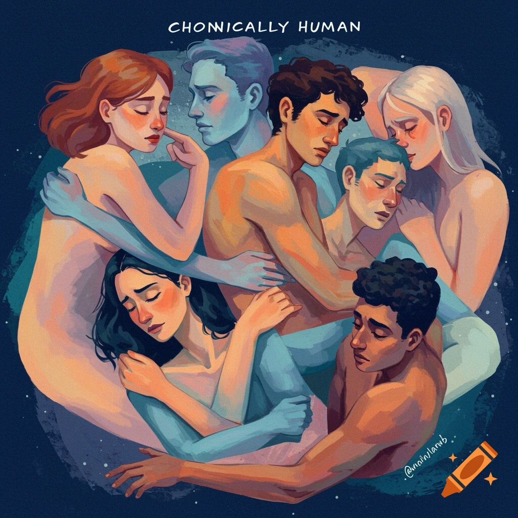 An artistic illustration of a diverse group of individuals embracing each other, depicted in warm and cool tones, against a dark, starry background.