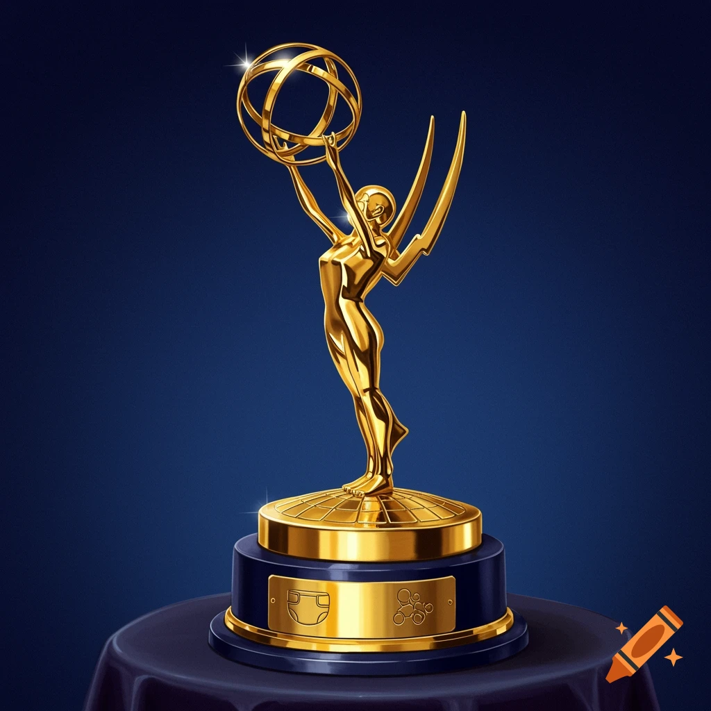 A shiny golden trophy resembling an Emmy award, with a diaper icon on its base, against a dark blue background.
