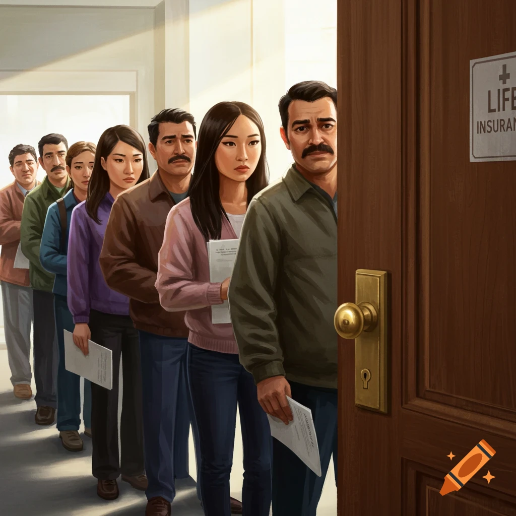 A line of diverse people, some holding papers, wait patiently in a brightly lit office corridor, with a 'Life Insurance' sign on a wooden door.