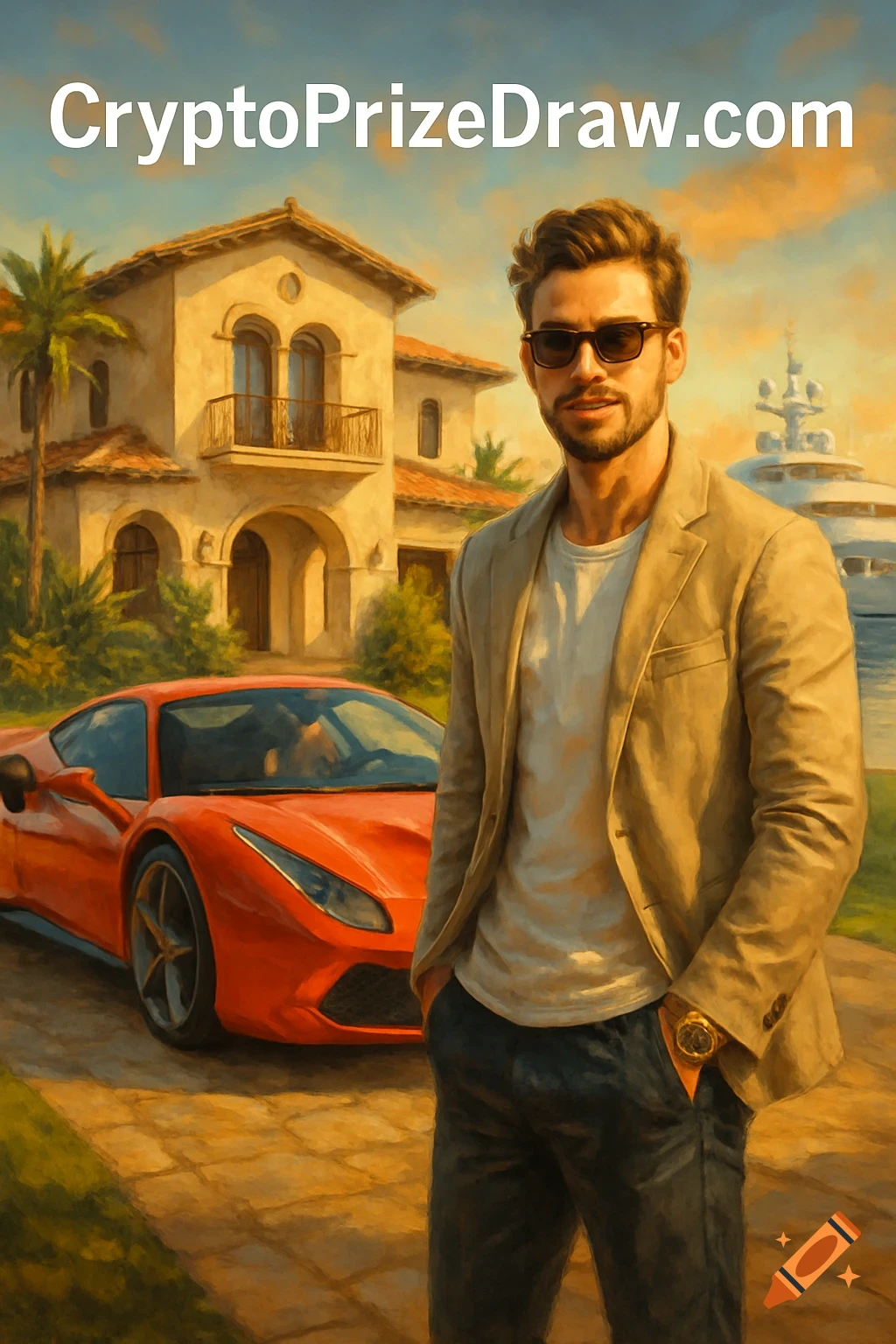 Digital painting of a man in sunglasses standing in front of a luxury villa with a red sports car and yacht, text 'CryptoPrizeDraw.com' above.