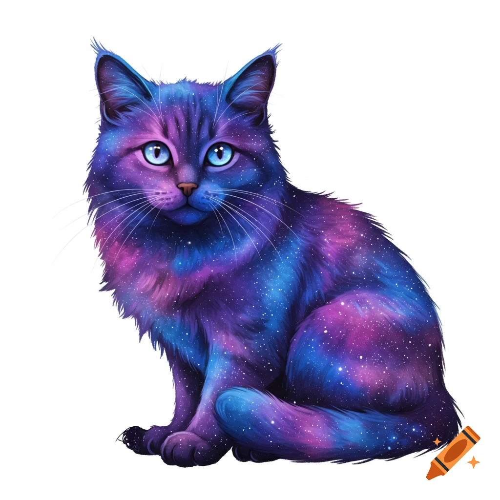 A fluffy cat with a blue and purple galaxy pattern fur and bright blue eyes sits against a white background.