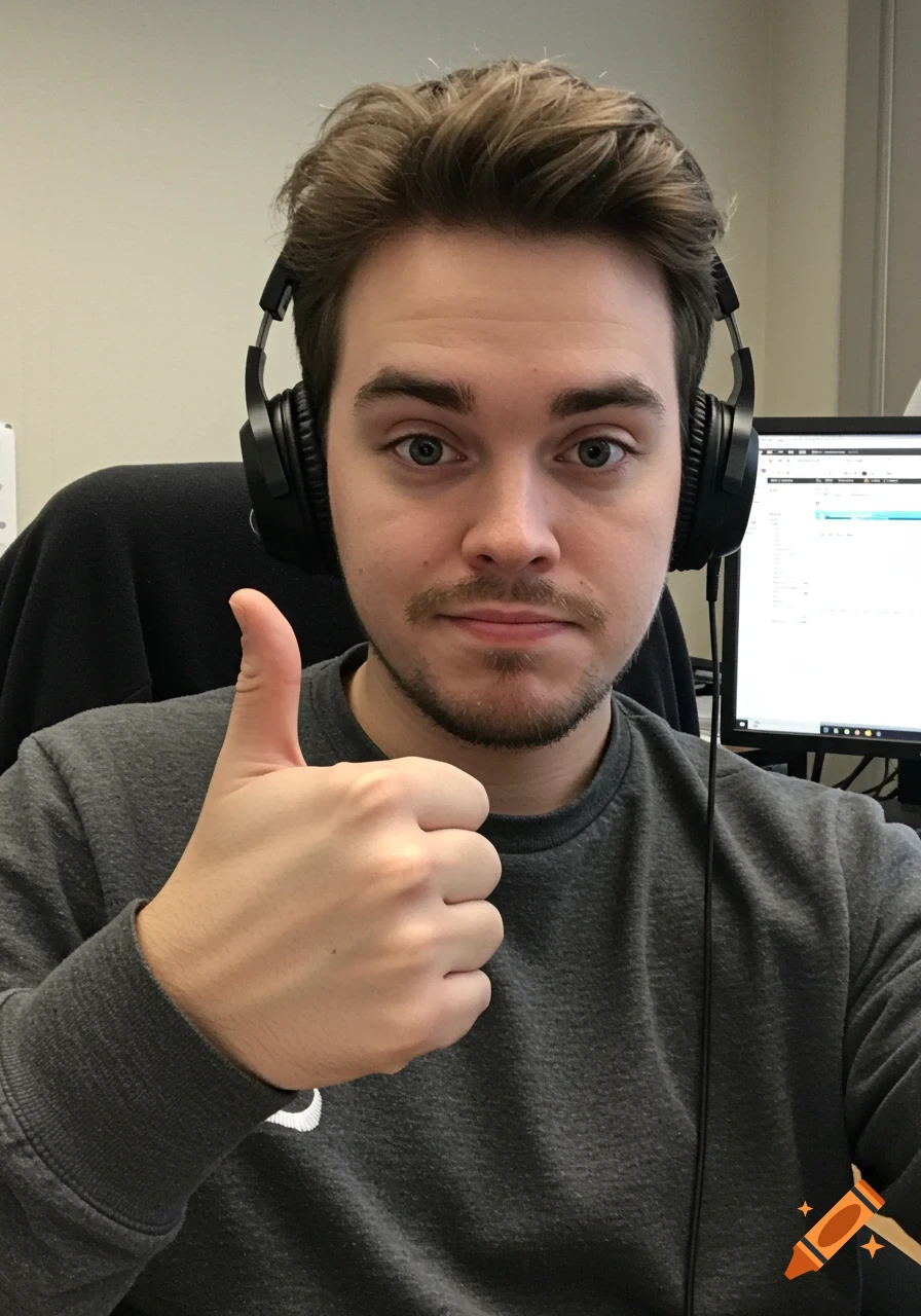 A man wearing headphones gives a thumbs up while sitting at a desk in an office.