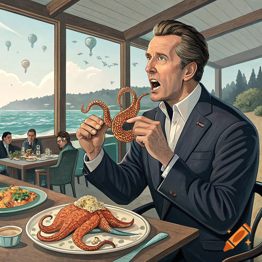 California Governor Gavin Newsom holding an octopus tentacle in a restaurant with a cooked octopus on his plate.