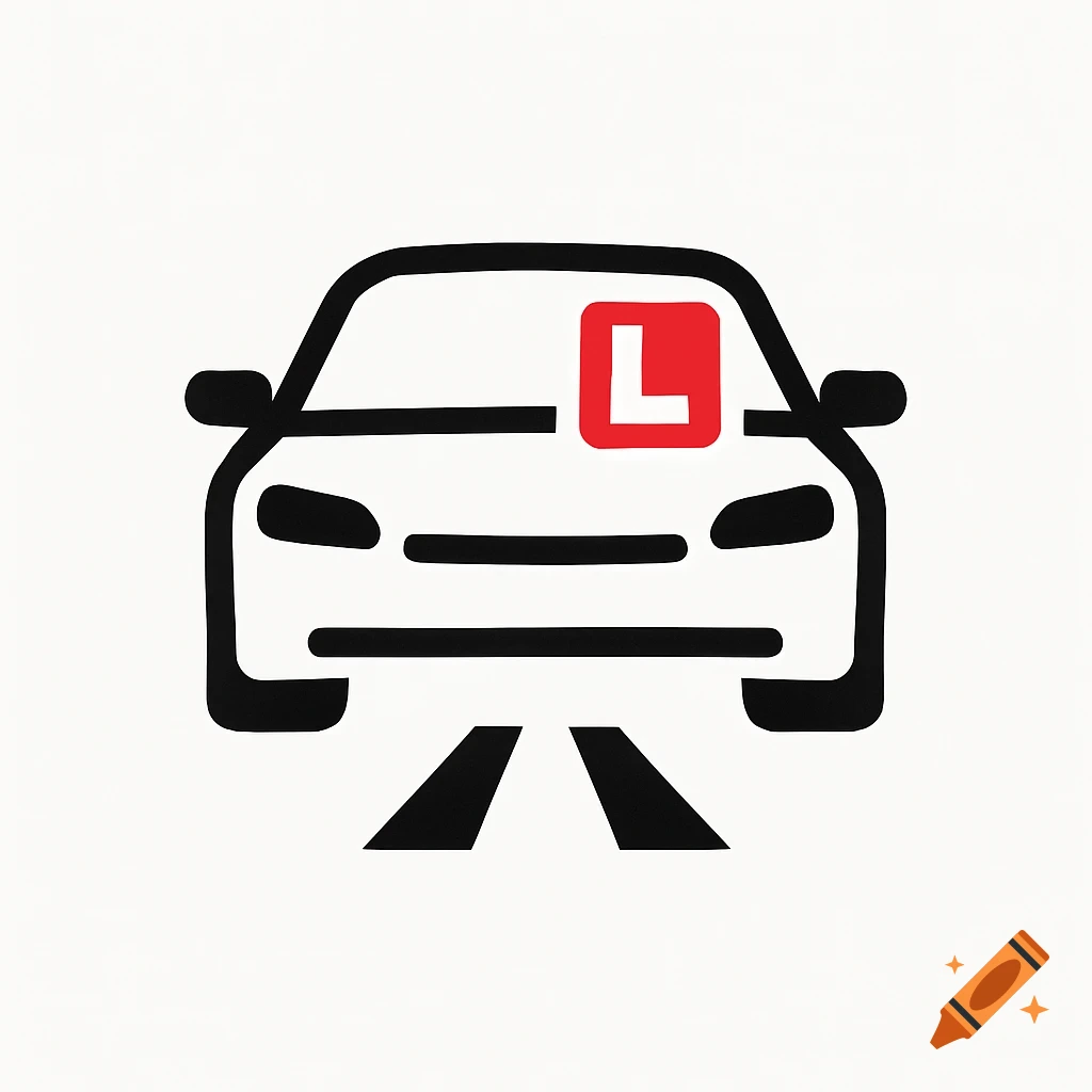Minimalist car logo with a red L-plate and road lines on a white background.