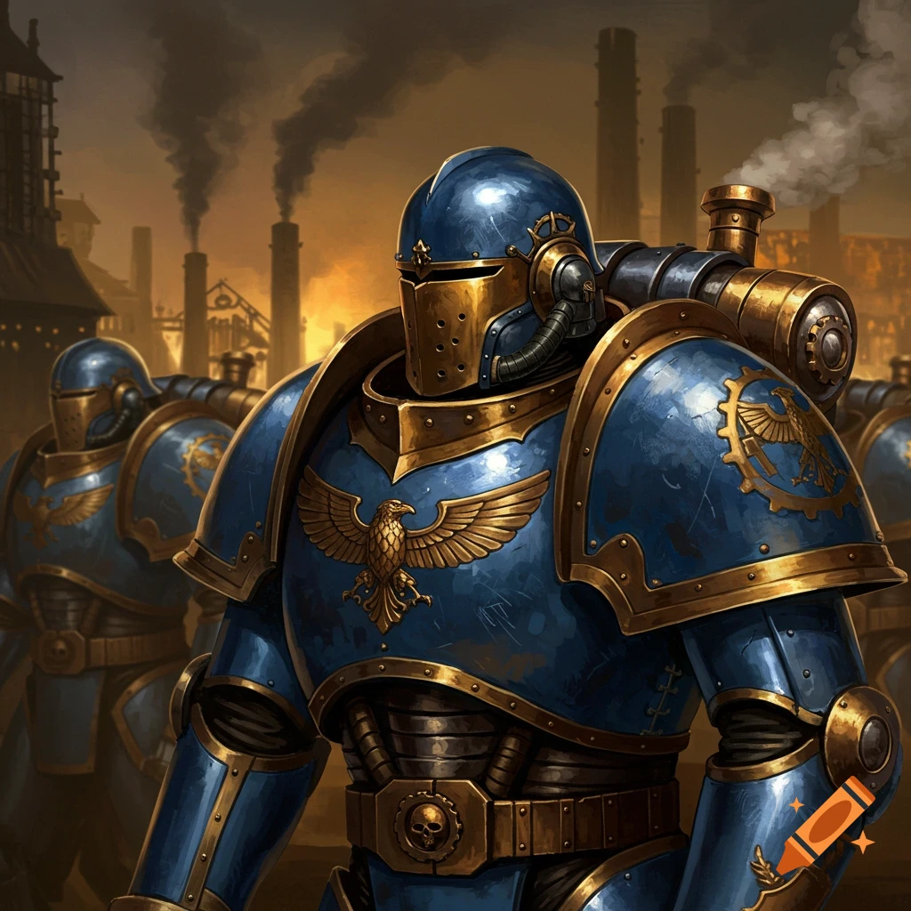 A heavily armored figure in blue and gold steampunk-style power armor stands in an industrial setting with smoke stacks.