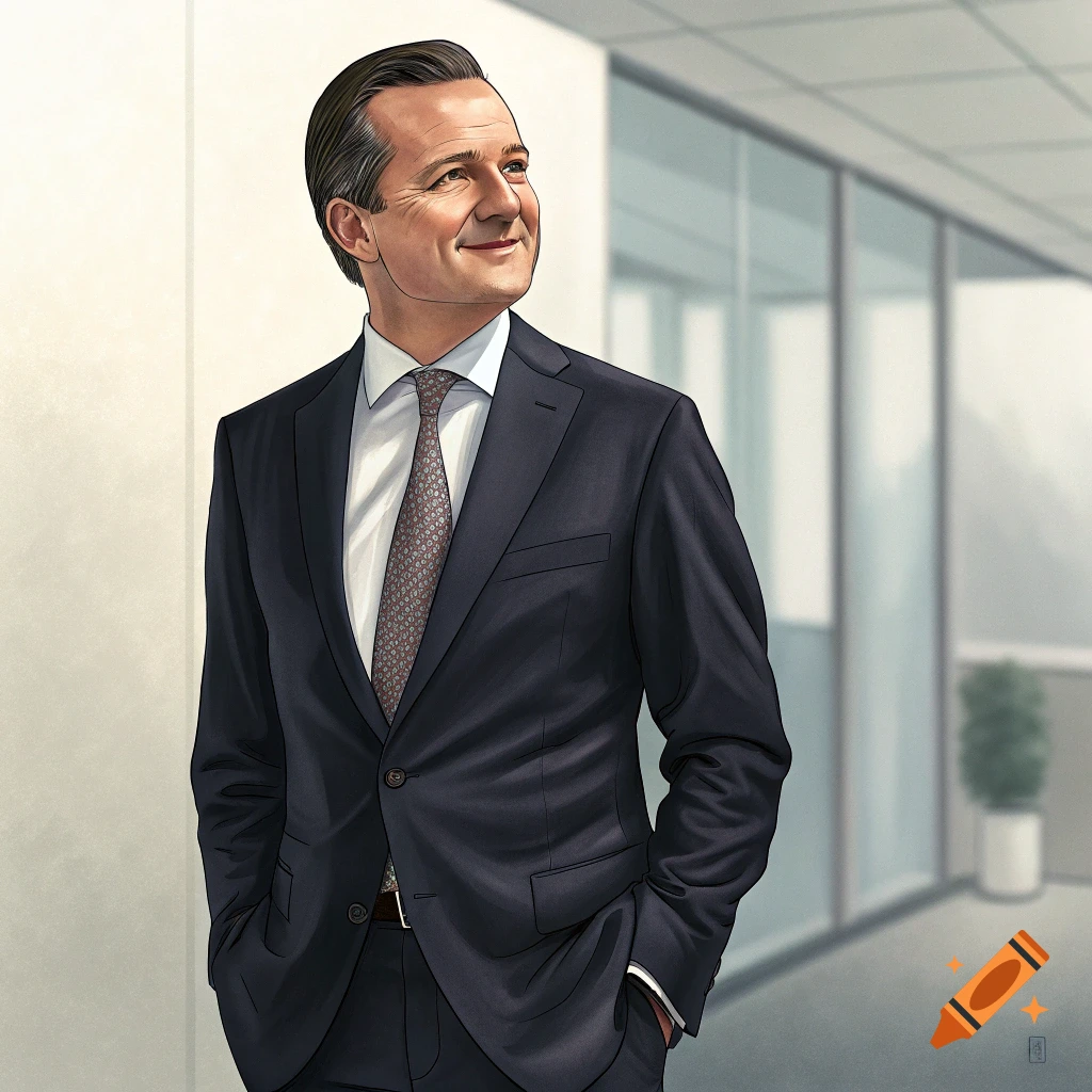 An illustrated portrait of a smiling man in a dark suit with hands in his pockets, standing in an office hallway.