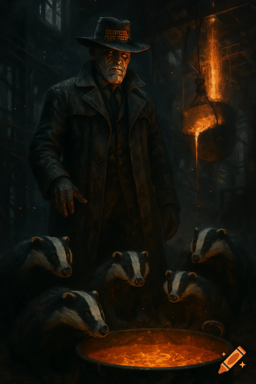 A man in a trench coat and hat stands over a glowing cauldron, surrounded by four badgers, in a dark industrial setting.