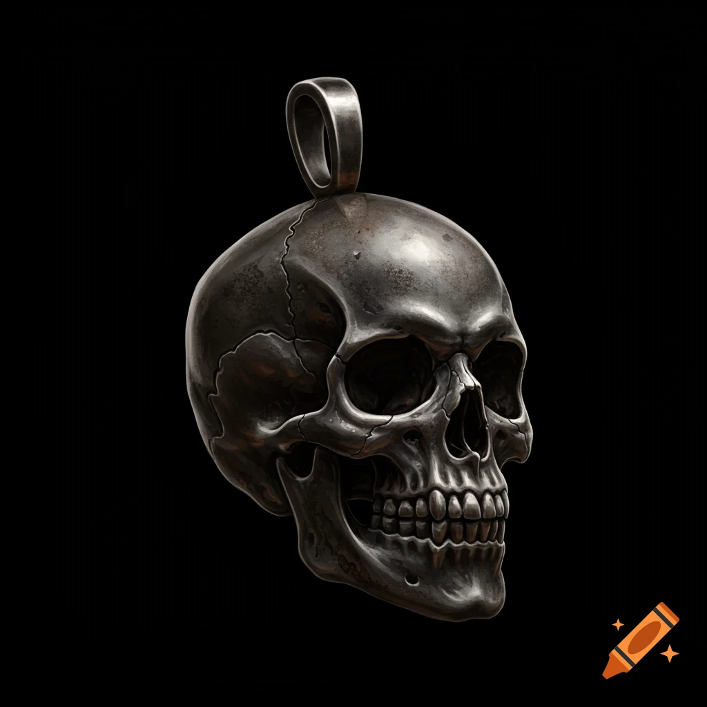 A detailed, weathered dark metallic skull pendant with an elongated bail, set against a solid black background.