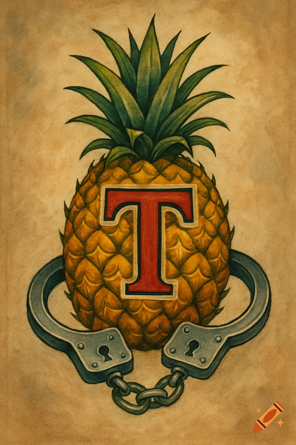 A stylized illustration of a pineapple with a red letter T on its side, flanked by handcuffs, on a sepia background.