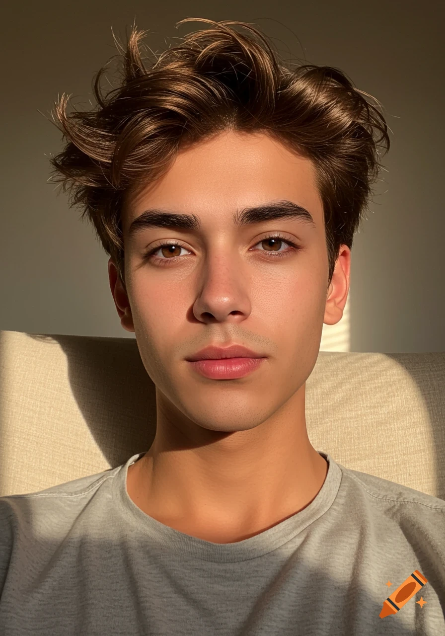 A close-up photorealistic portrait of a young man with brown hair and brown eyes, bathed in sunlight.