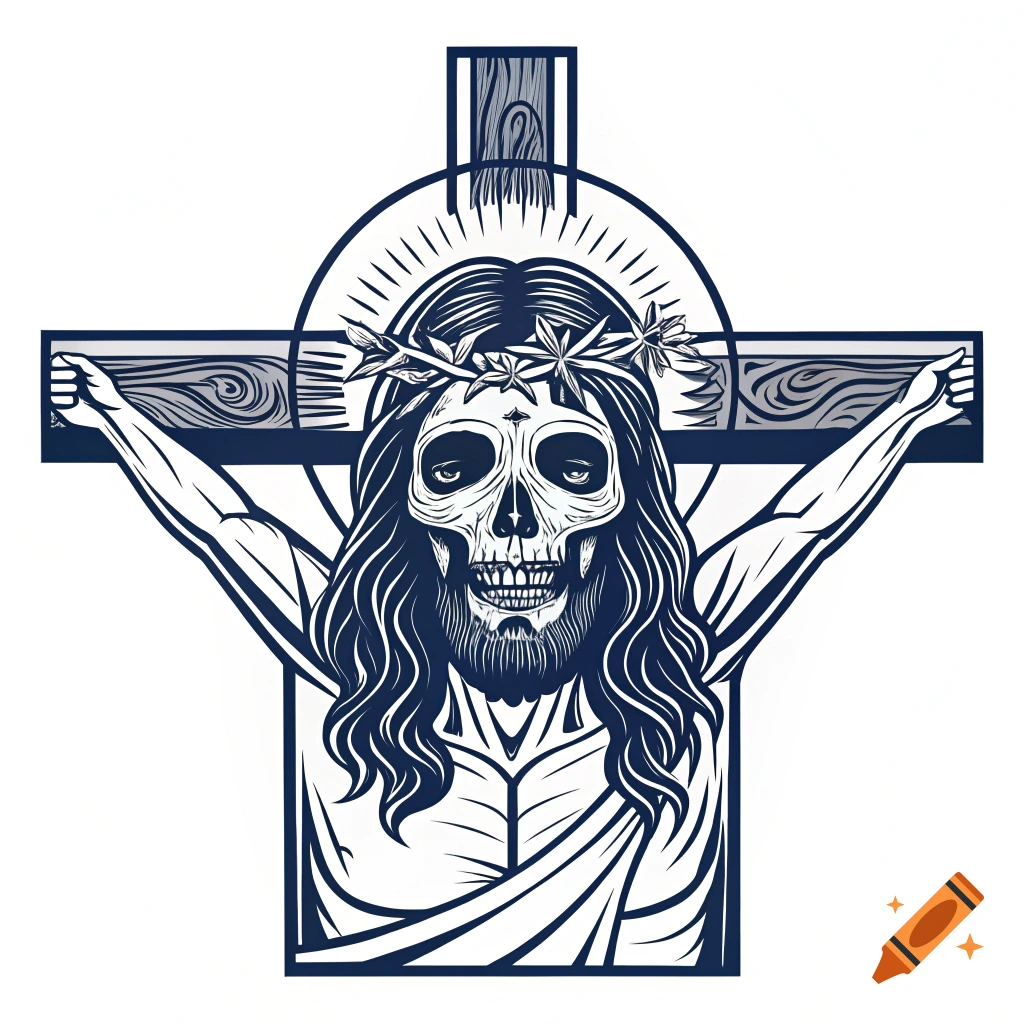 Stylized stencil illustration of Jesus Christ with a skull face and crown of thorns on a crucifix.