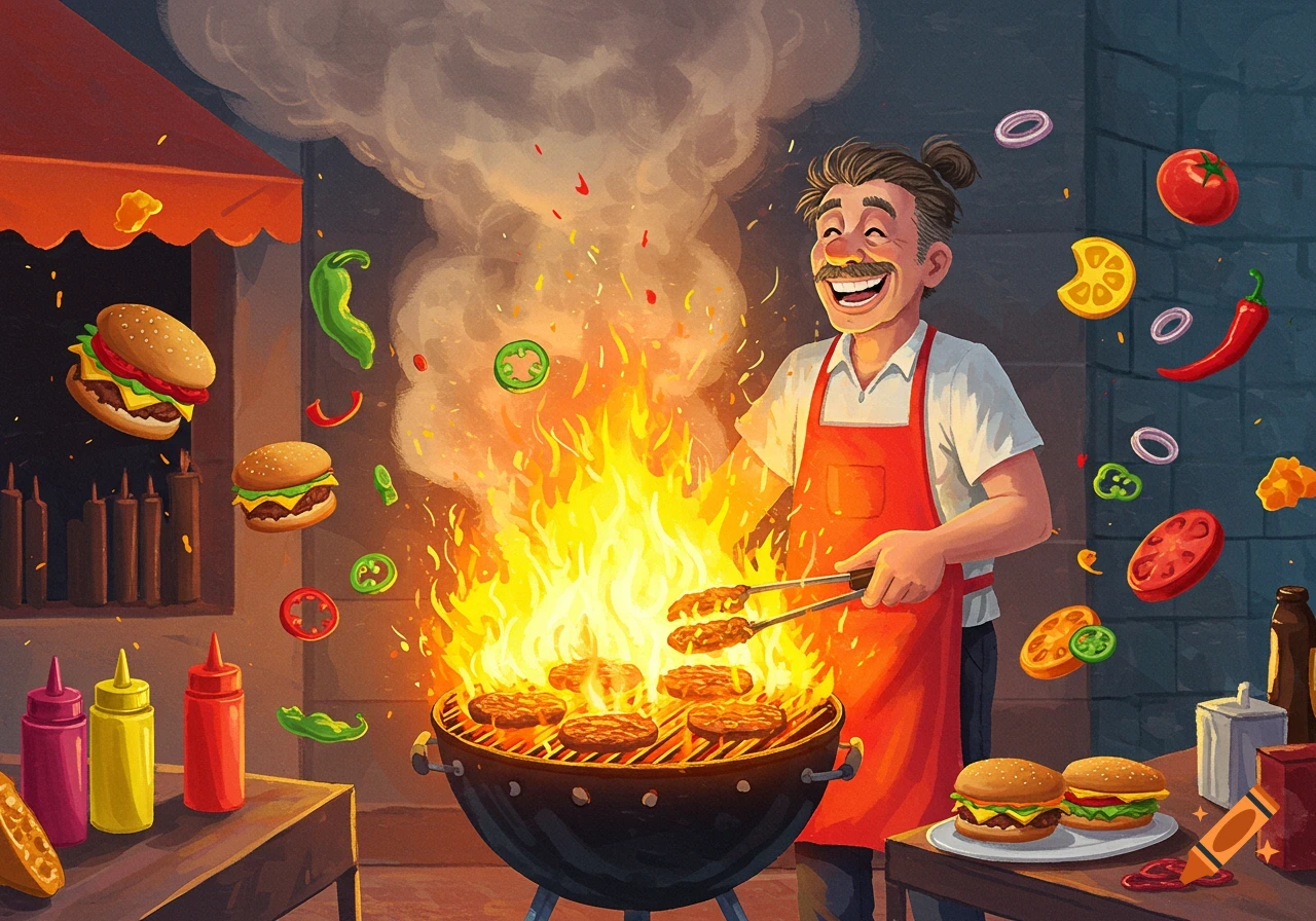 A smiling man grills burgers on a flaming BBQ, surrounded by flying ingredients like peppers, tomatoes, and onions, in a vibrant cartoon style.