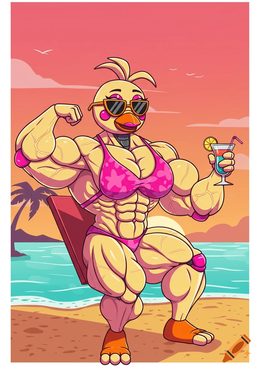 A muscular, cartoon anthropomorphic chicken in a pink bikini and sunglasses flexes on a sunny beach while holding a cocktail.