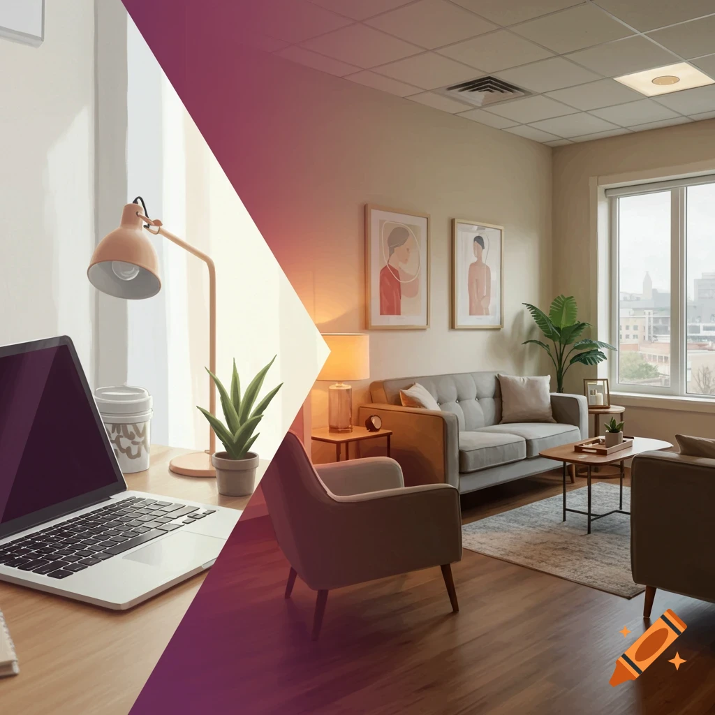 Split image showing a laptop on a desk in a home office on one side and a comfortable therapy room with a couch and armchairs on the other.