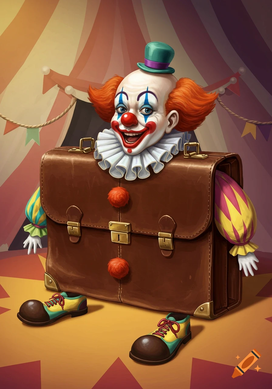 A whimsical illustration of a happy clown's head, ruffled collar, and arms emerging from a brown briefcase, with clown shoes on the ground in a circus tent.