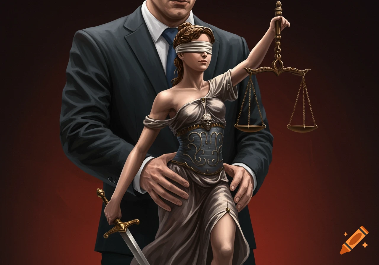 A symbolic illustration of blindfolded Lady Justice holding scales and a sword, with a man in a suit behind her, his hands near her waist.