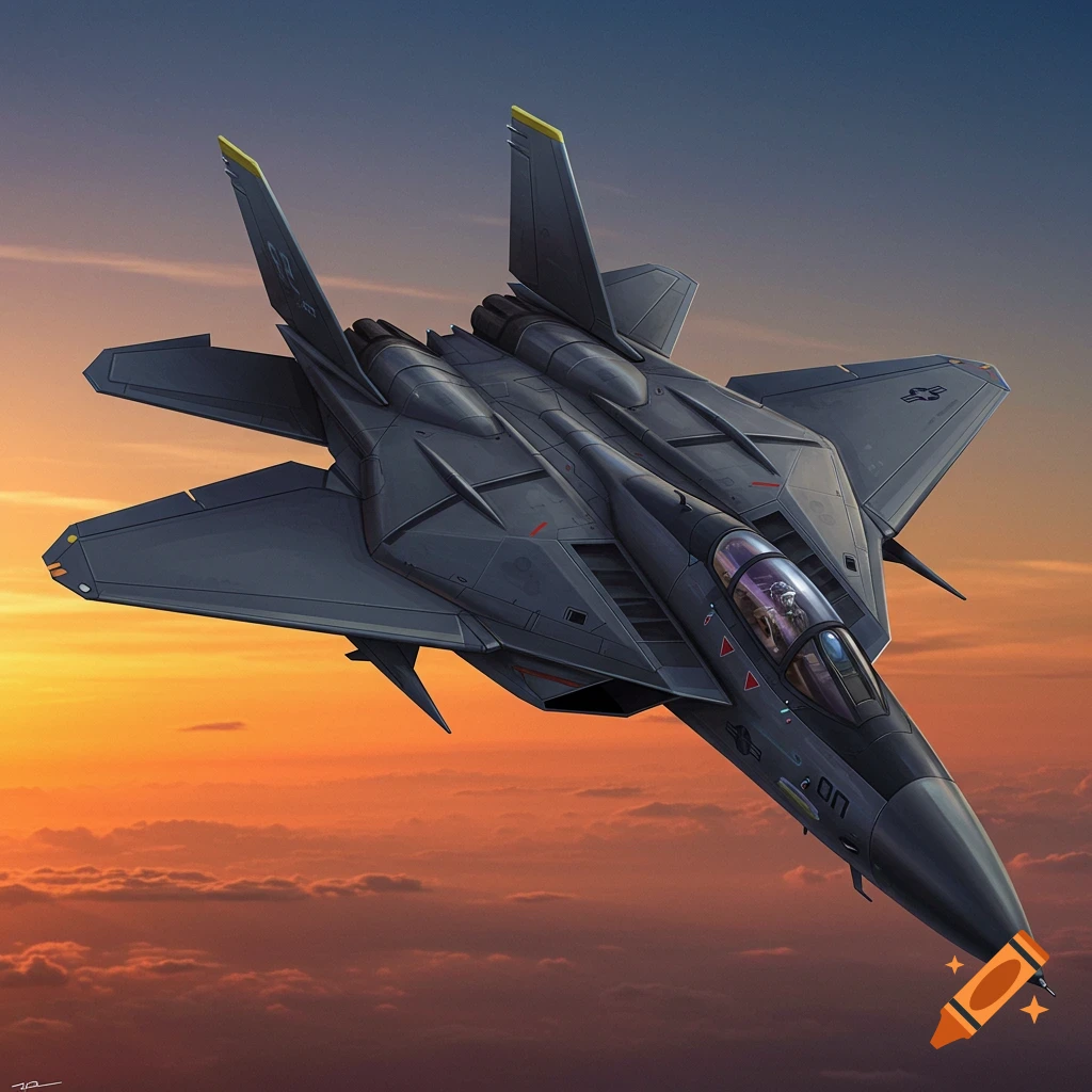 A stylized military jet, a hybrid of the YF-23 and F-14, flies through a sunset sky with orange and blue hues.