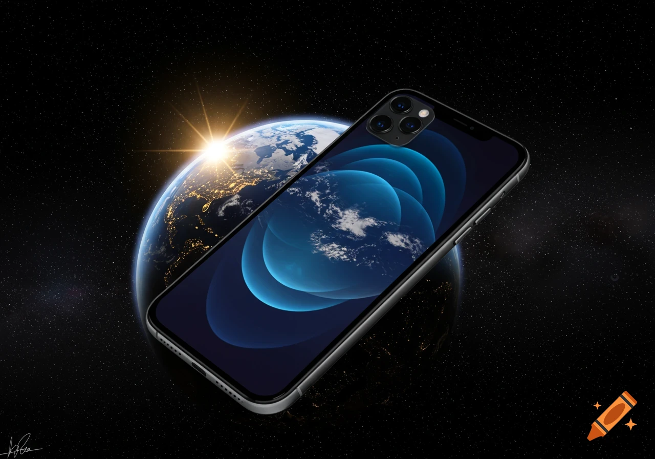 A photorealistic image of an iPhone floating in space with the Earth visible behind it and a bright sunburst.