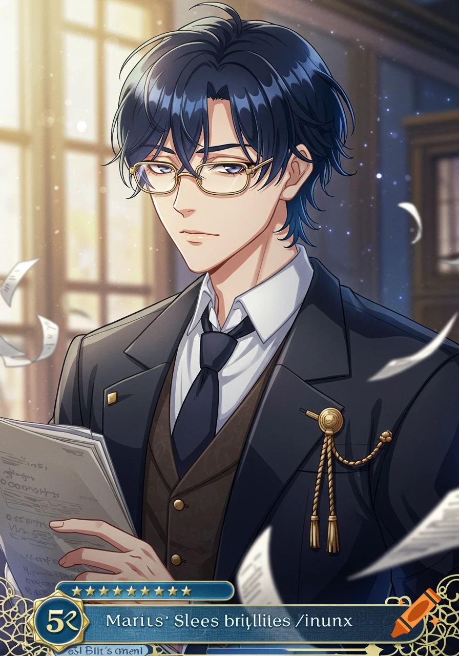 An anime male character with dark blue hair and gold glasses, wearing a dark suit and tie, holding papers. He has a calm expression and a gold ornate pin on his lapel. The image has a decorative border at the bottom with text and stars.