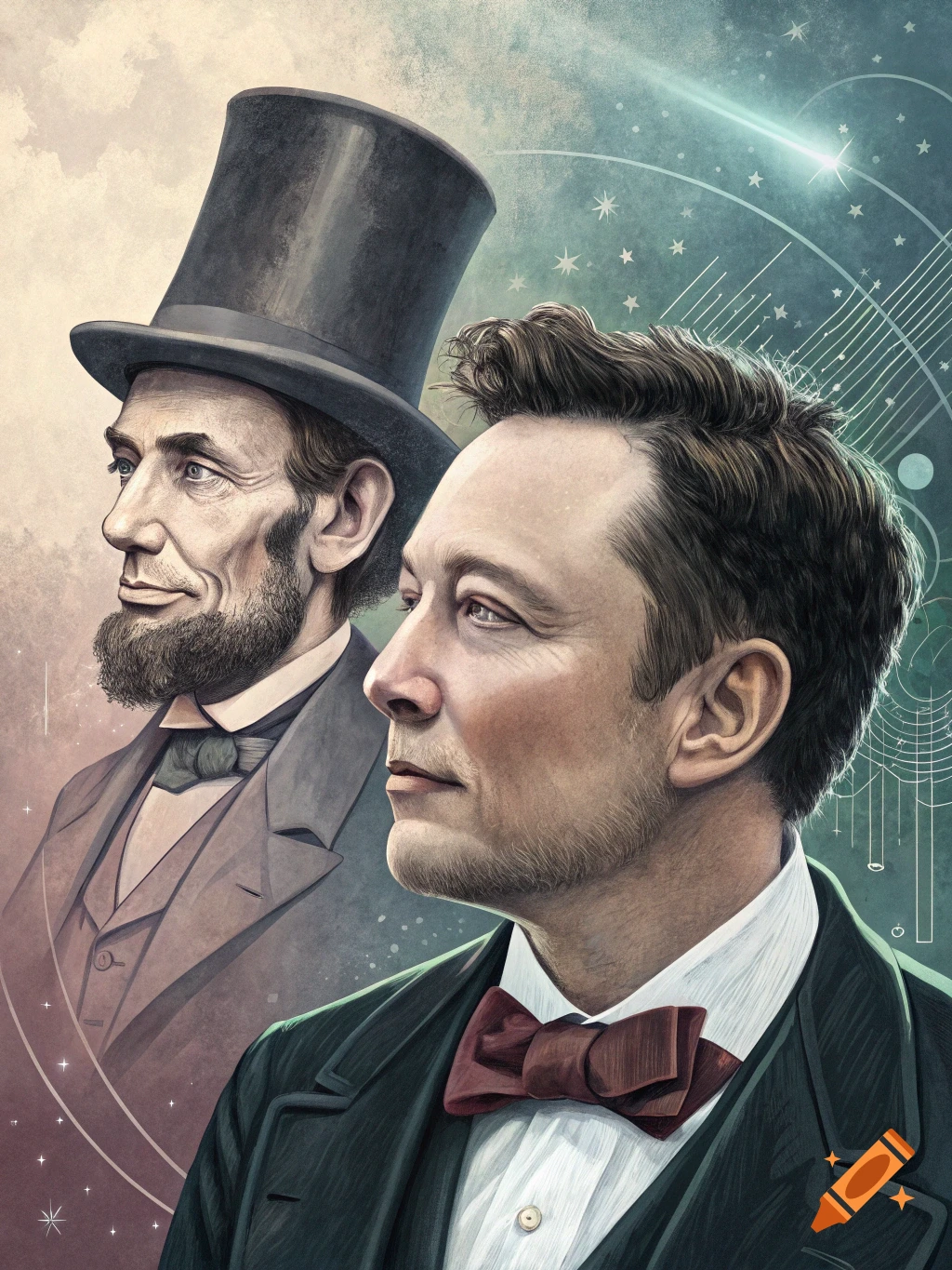 A stylized dual portrait of Abraham Lincoln (left) and Elon Musk (right), both in suits, against a cosmic background.