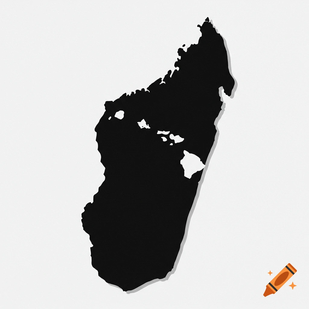 A black silhouette map of Madagascar with the Hawaiian islands cut out inside, on a white background.