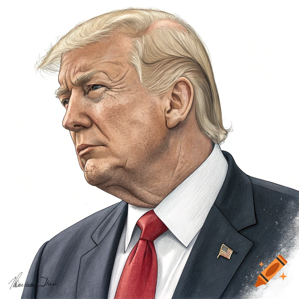 A stylized portrait illustration of Donald Trump in profile, looking to the left, wearing a suit and red tie, with a small American flag pin on his lapel.
