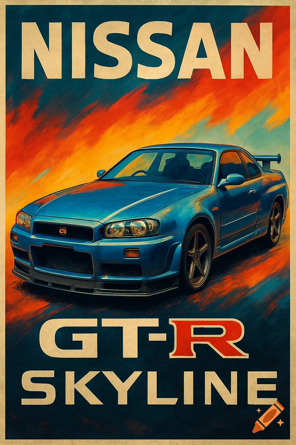 Blue Nissan GT-R Skyline car on a vibrant orange and blue painted poster with 'NISSAN GT-R SKYLINE' text.