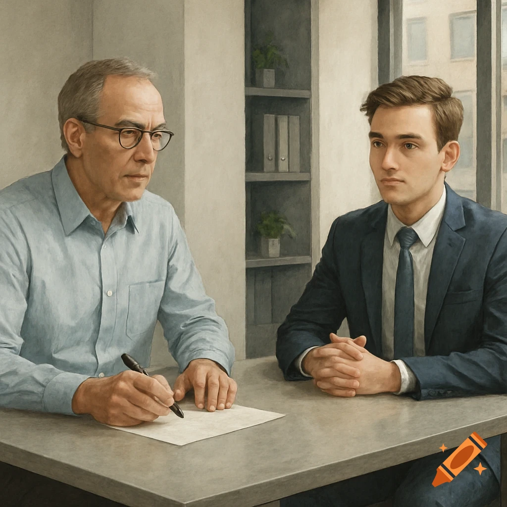 Two men, one older and one younger, sit at a desk in an office. The older man writes on paper as the younger man listens.