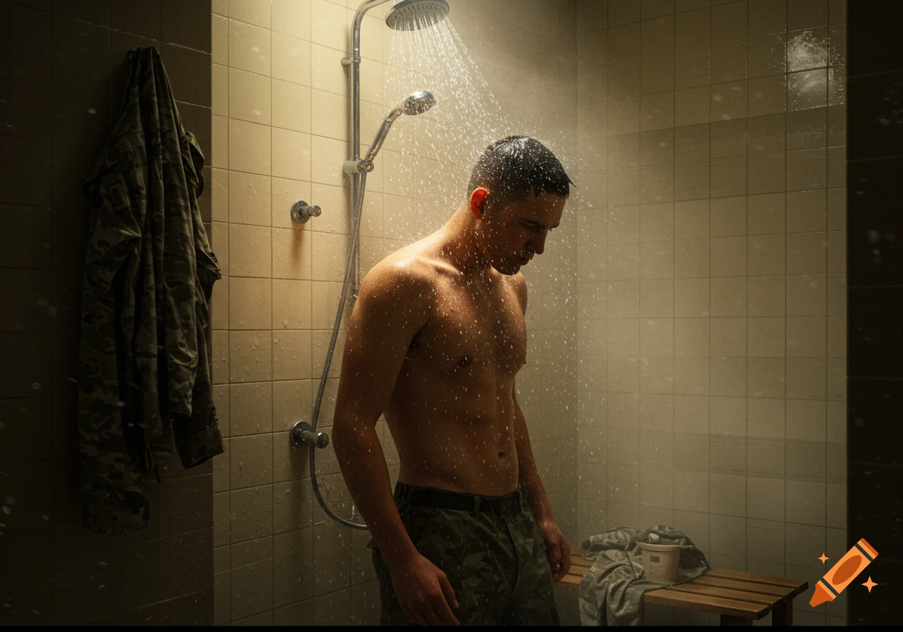 A shirtless man in camouflage pants showers under dramatic lighting, with a military jacket hanging nearby.