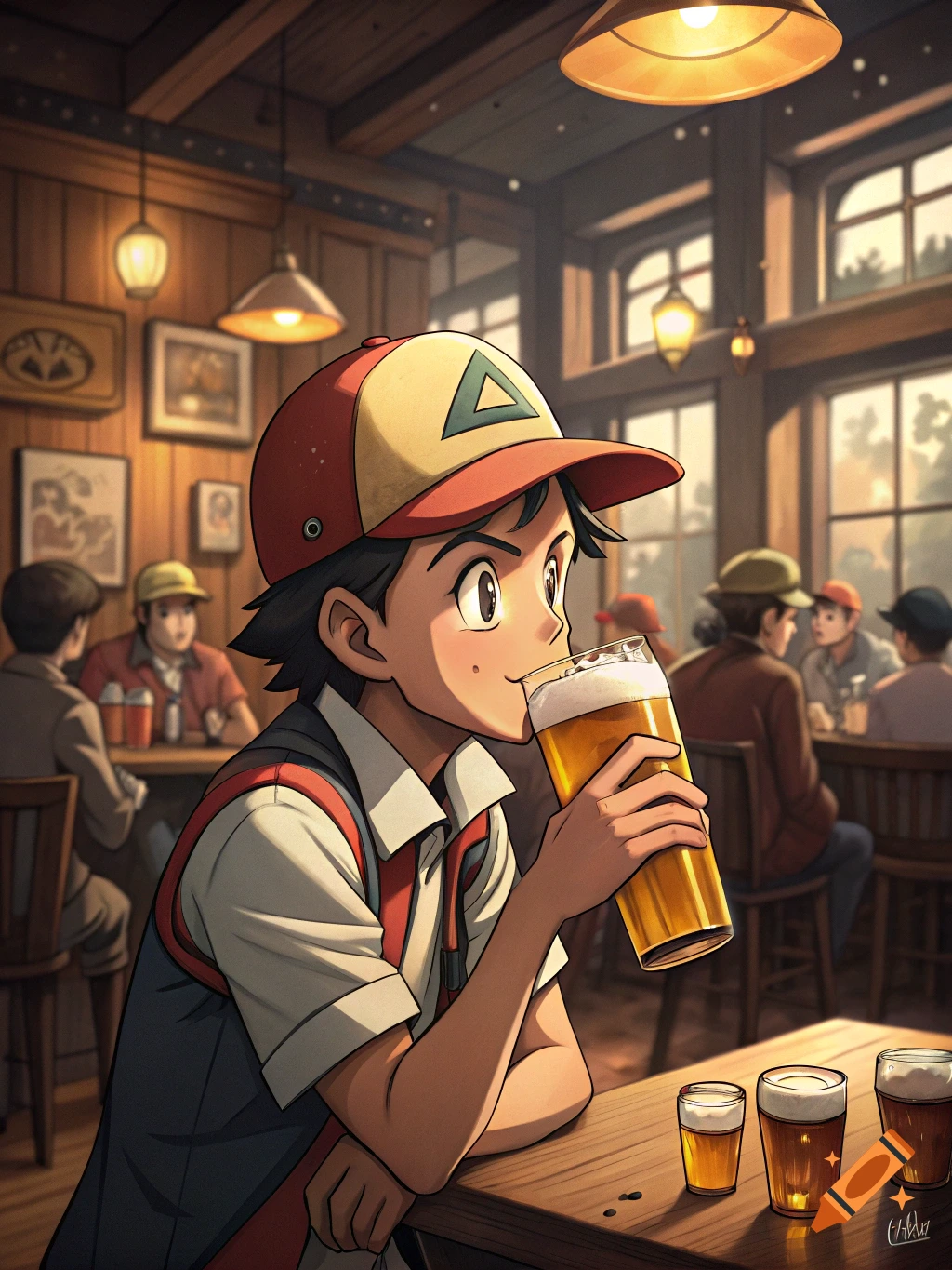 Anime depiction of Ash Ketchum from Pok mon drinking a pint of beer at a pub table, looking towards the viewer.