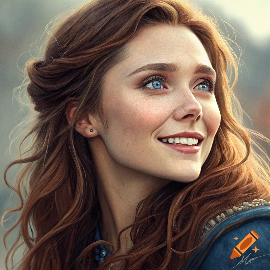 Photorealistic portrait of a smiling woman with long reddish-brown hair and blue eyes, looking upwards.
