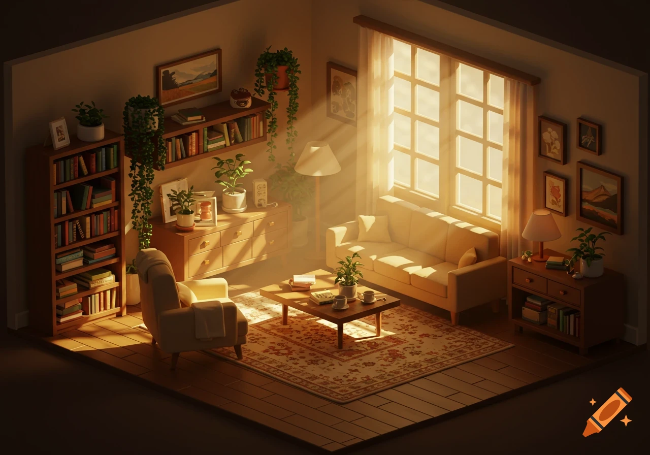 A cozy isometric living room with warm sunlight streaming through a large window, hardwood floors, a patterned rug, bookshelves, and many potted plants.