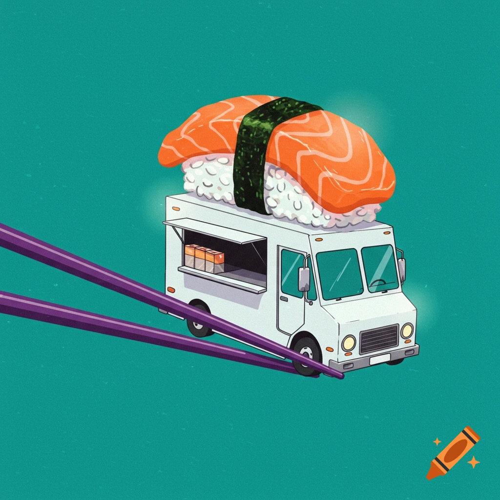 Illustrated white food truck with a giant salmon sushi on its roof, held by purple chopsticks against a teal background.