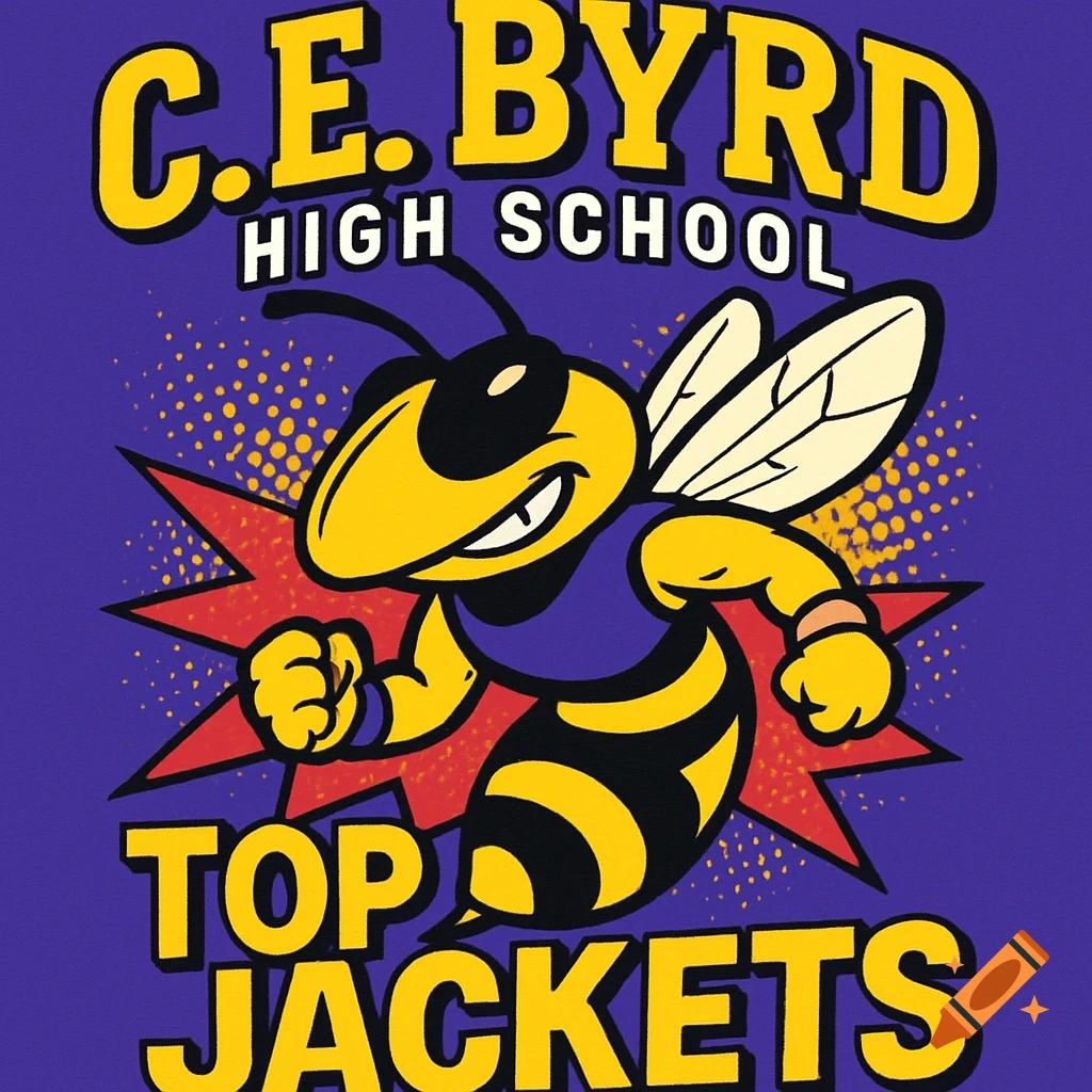 A bold, cartoon bee mascot for C.E. Byrd High School, with text 'TOP JACKETS', in a vibrant 90s pop art style.
