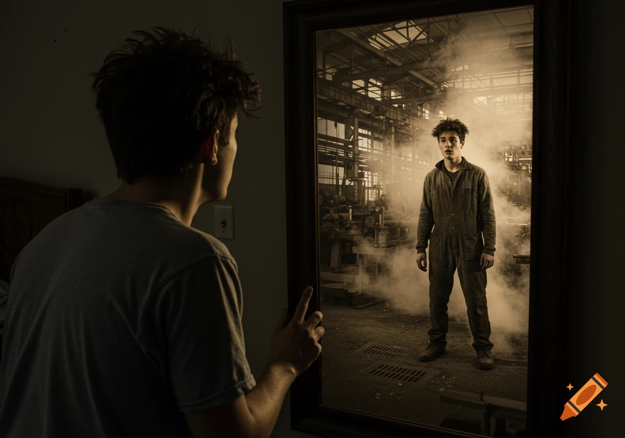 Young man looks into a mirror, seeing his reflection as a worker in a smoky factory.