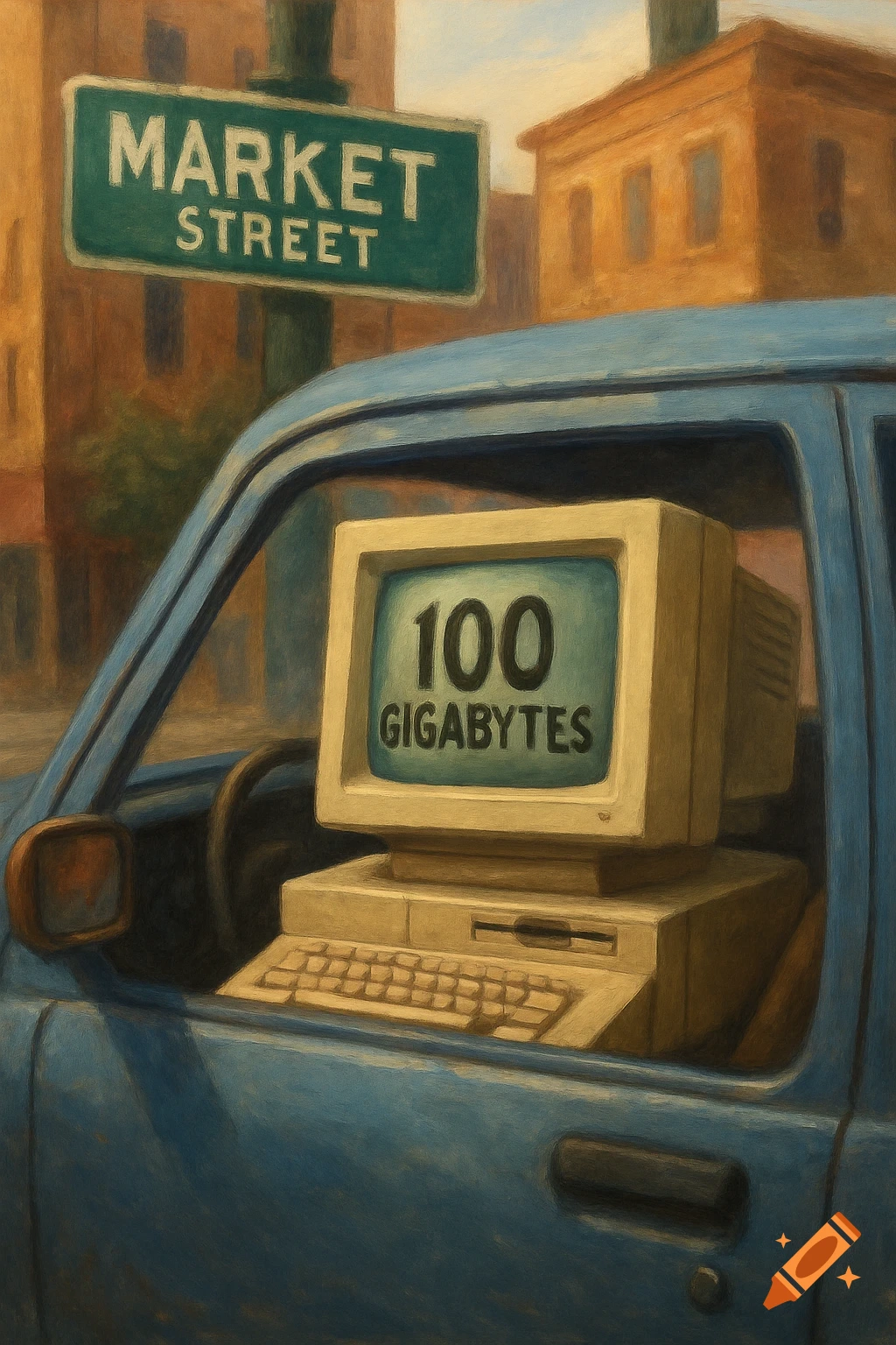 A painting of a vintage computer with '100 GIGABYTES' on its screen, sitting in a blue car on Market Street.