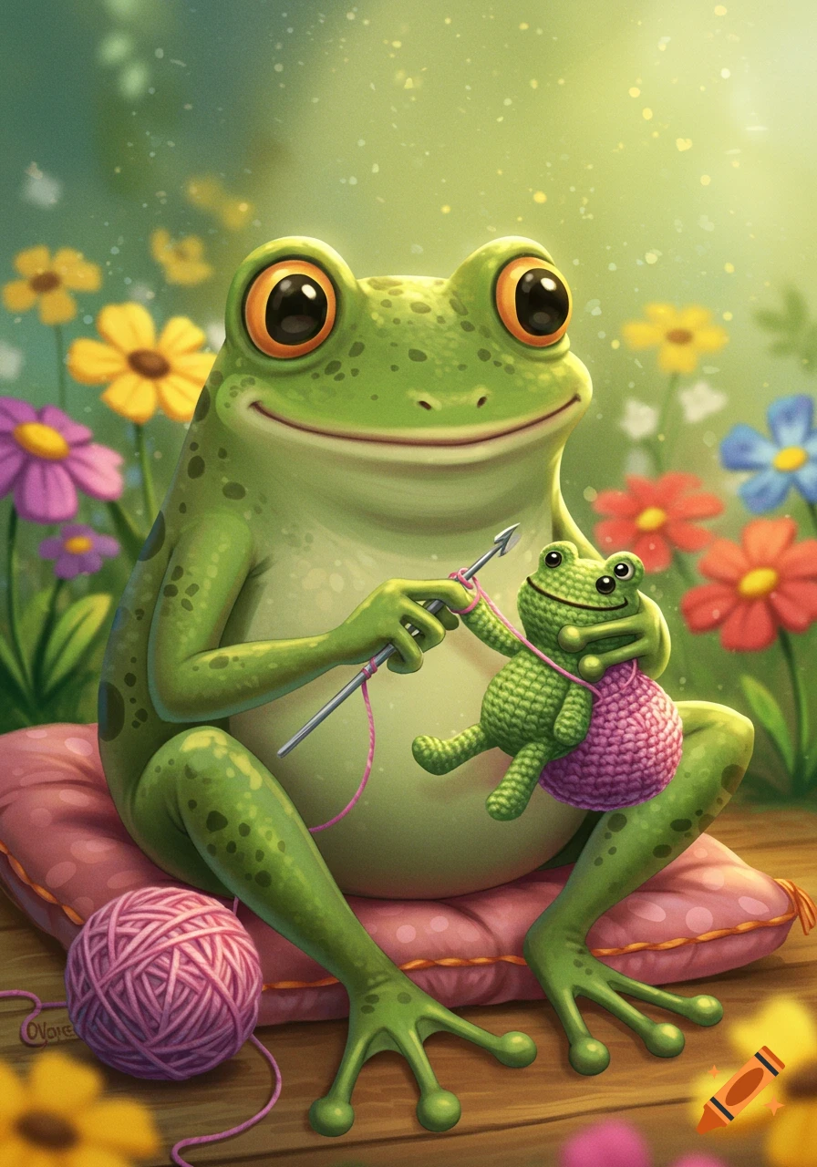 A cheerful cartoon frog sits on a pink pillow, crocheting a tiny green frog toy, with a ball of yarn beside it amidst colorful flowers.