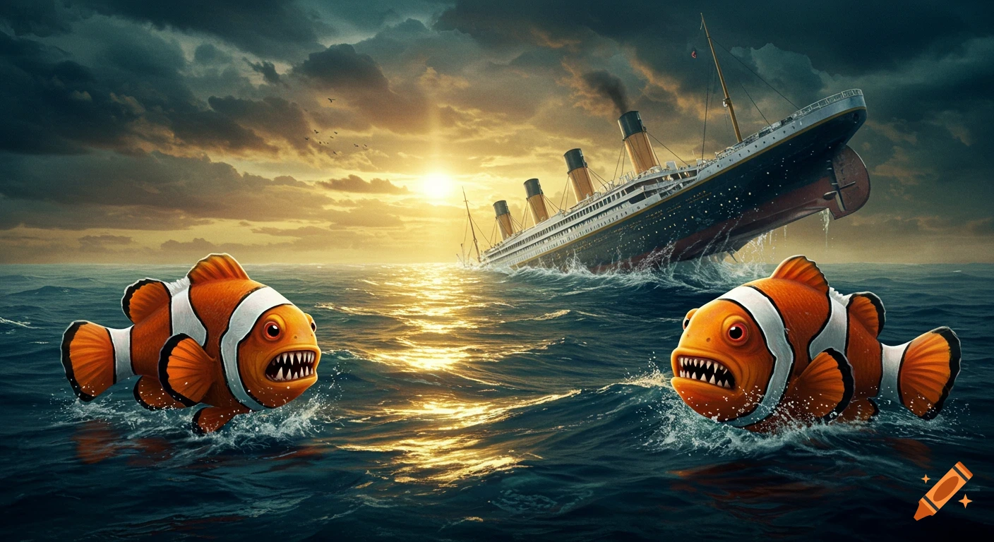Two stylized, monstrous clownfish with sharp teeth breaching the ocean surface while the Titanic sinks dramatically at sunset.
