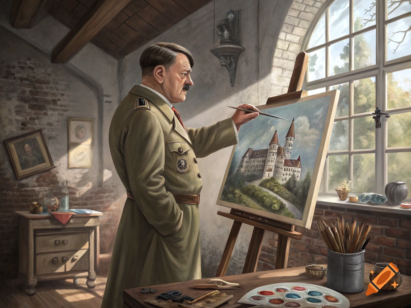 Adolf Hitler in military uniform painting a castle on a canvas in an art studio.