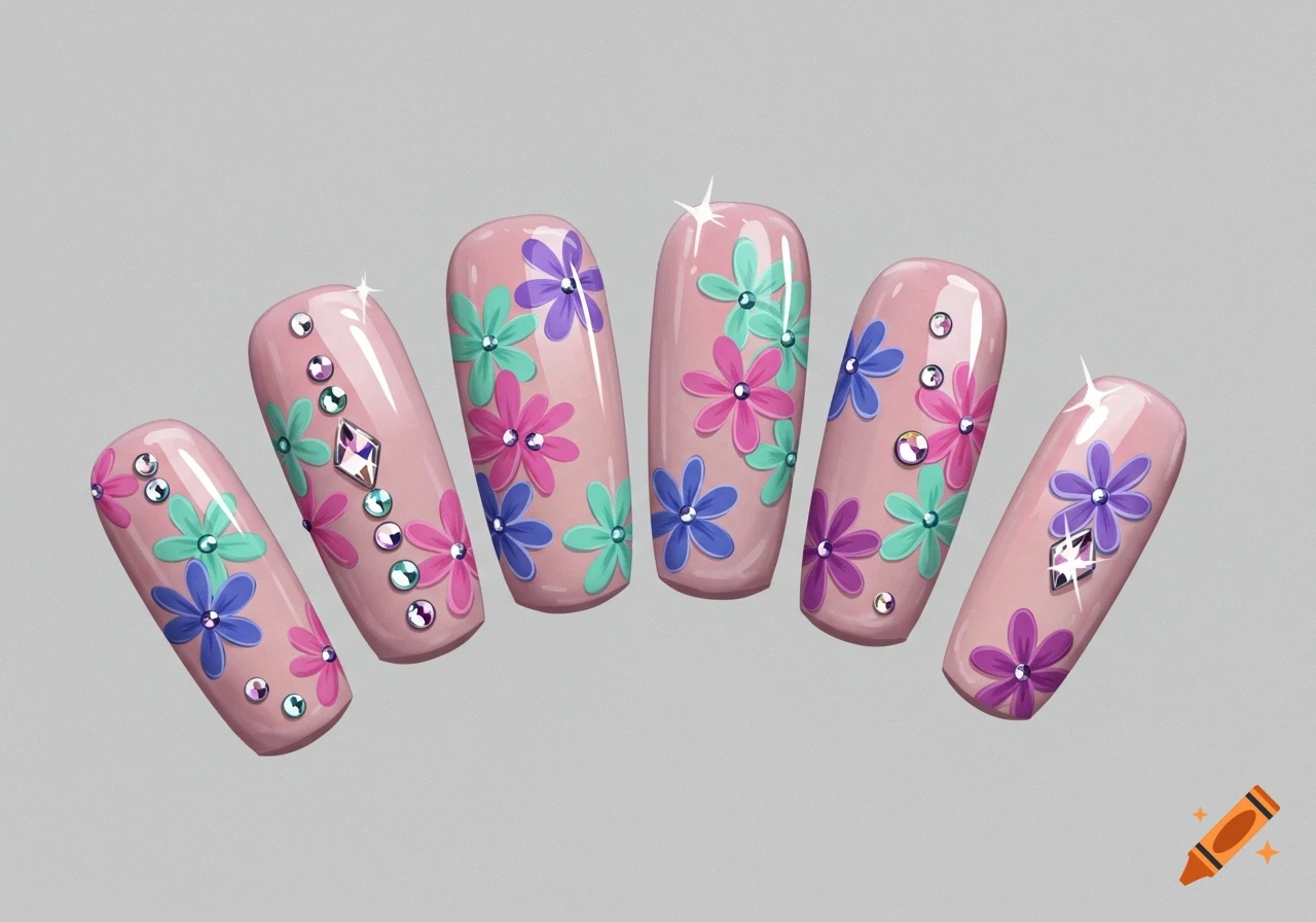 Six pink false nails with blue, green, and purple Y2K flowers and sparkling gems on a grey background.