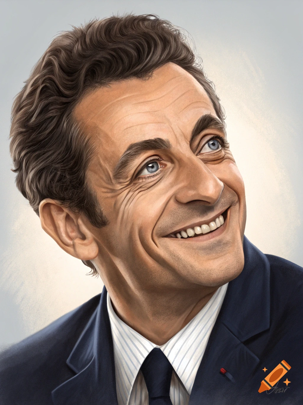 A detailed, smiling portrait of a man with blue eyes, brown hair, and a dark suit, rendered in an illustrative style.