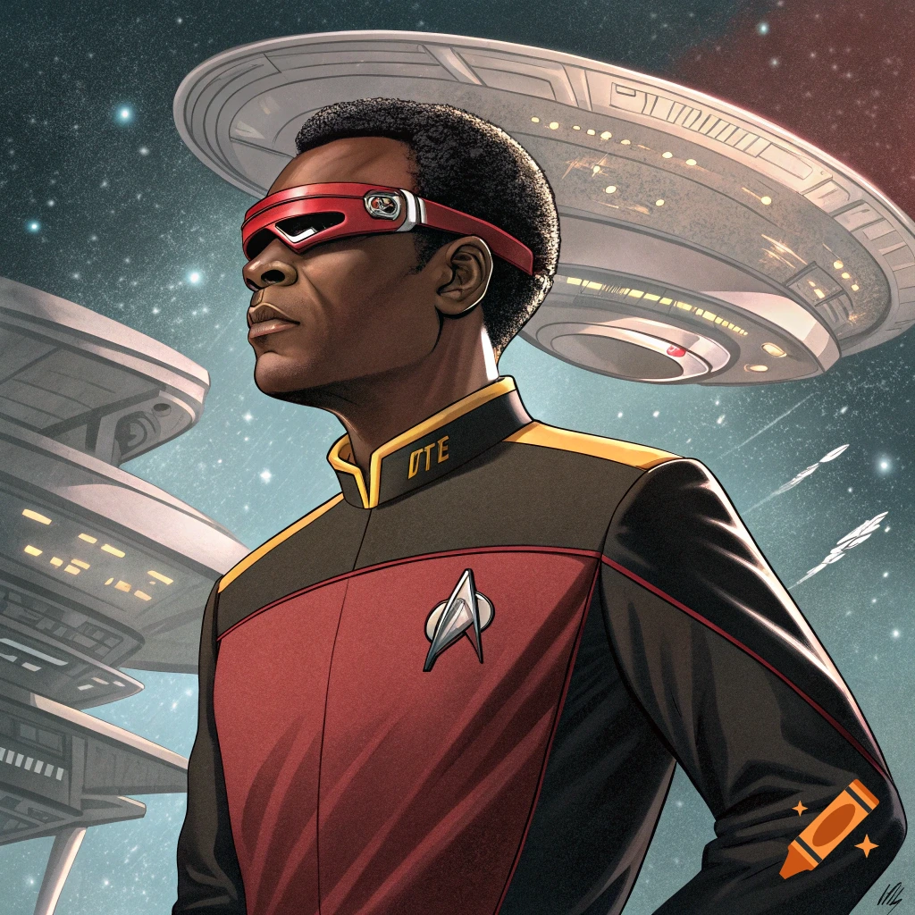 A stylized illustration of Geordi La Forge from Star Trek: The Next Generation, wearing his red and black uniform and visor, looking up in space with Starfleet ships in the background.