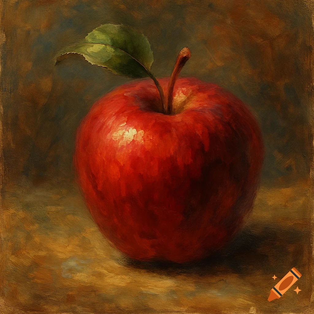 A detailed oil painting of a single red apple with a green leaf against a dark, textured background.