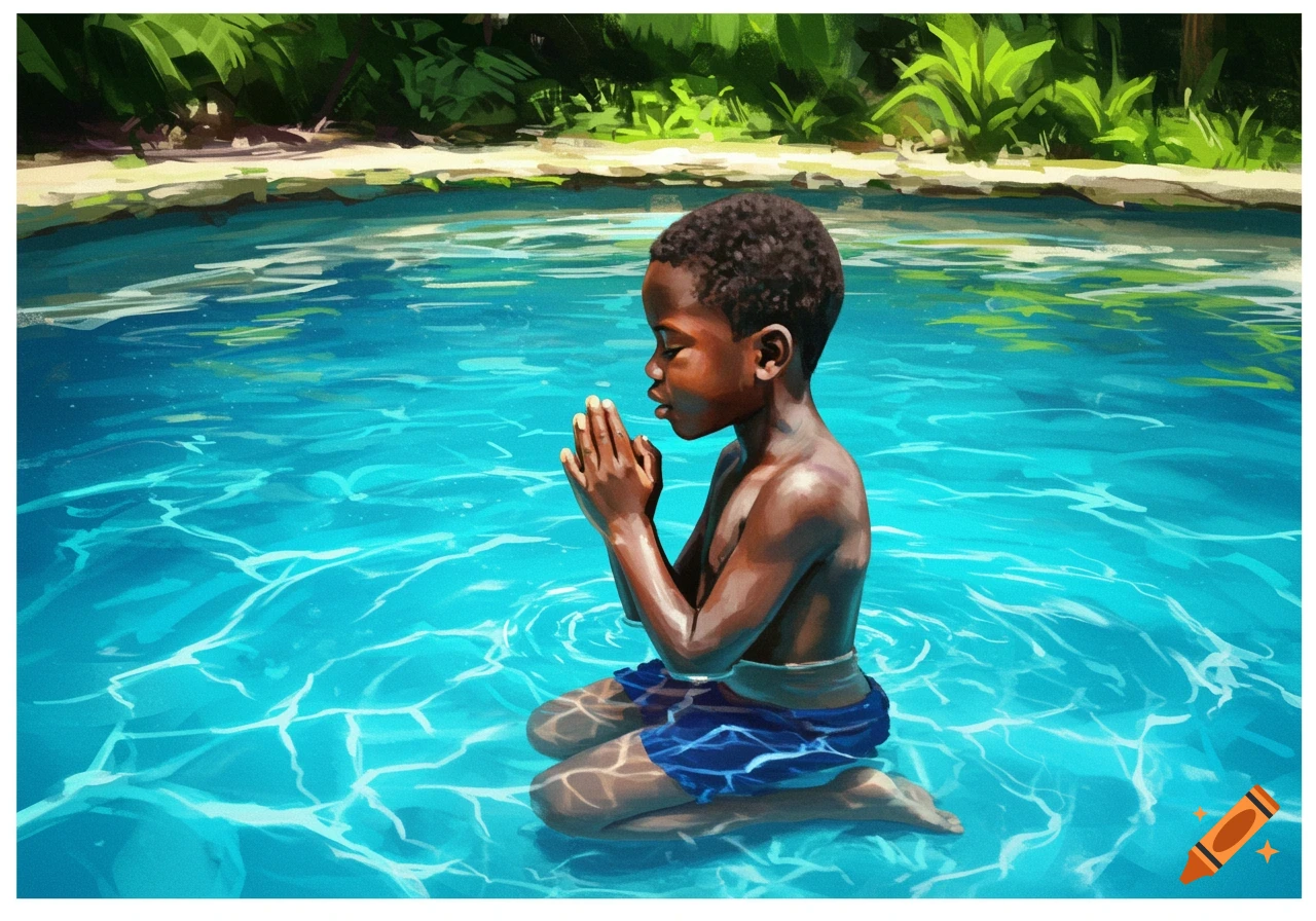 A little black boy praying in a crystal clear blue pool, rendered in a painterly style.