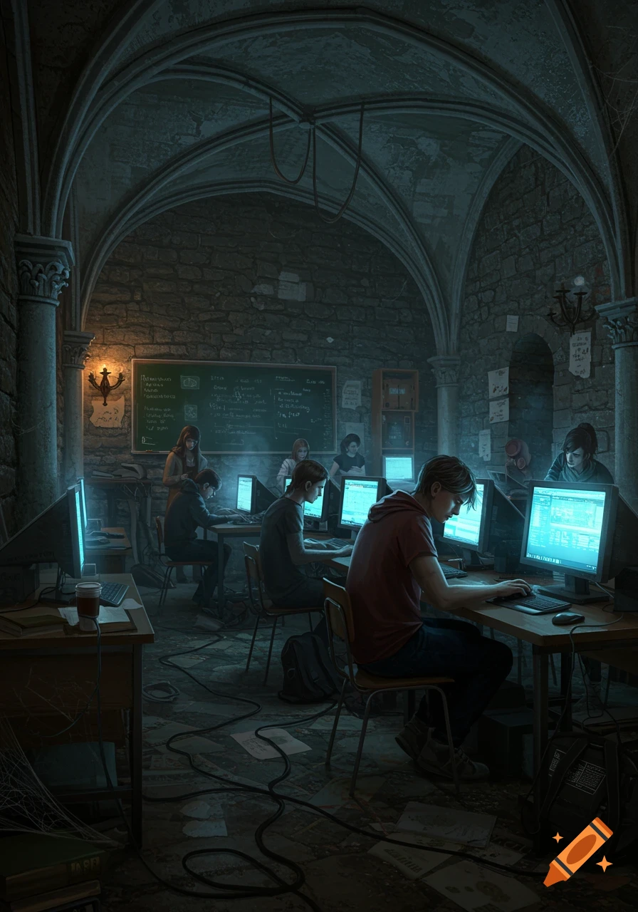 Students work on glowing computers in a dark, dungeon-like classroom with stone walls and arched ceilings.