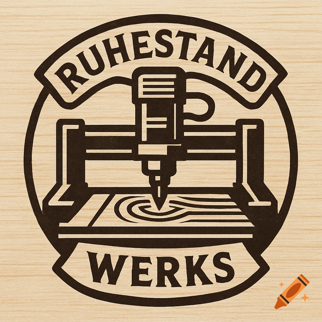 A black and brown logo for Ruhestand Werks, depicting a CNC router carving wood on a light wood grain background.